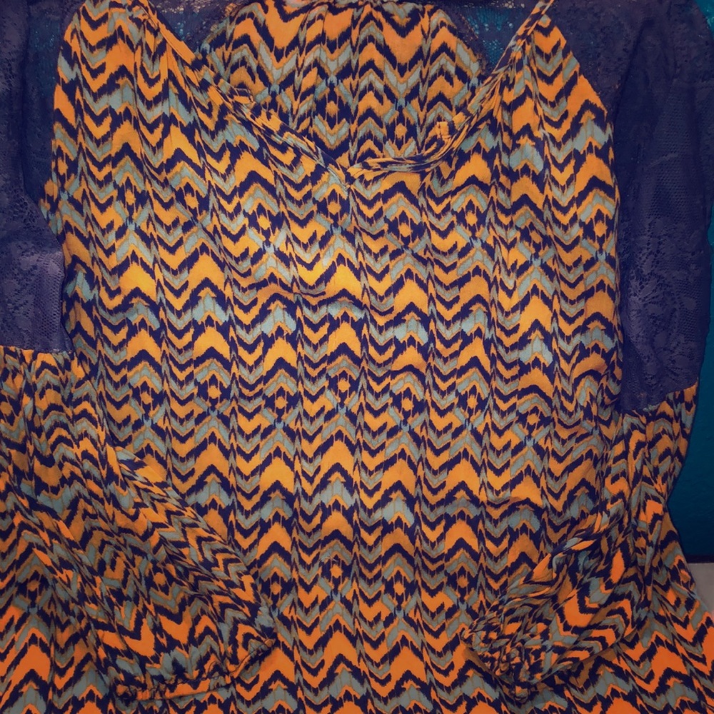 v-necked chevron blouse with sheer laced sleeve